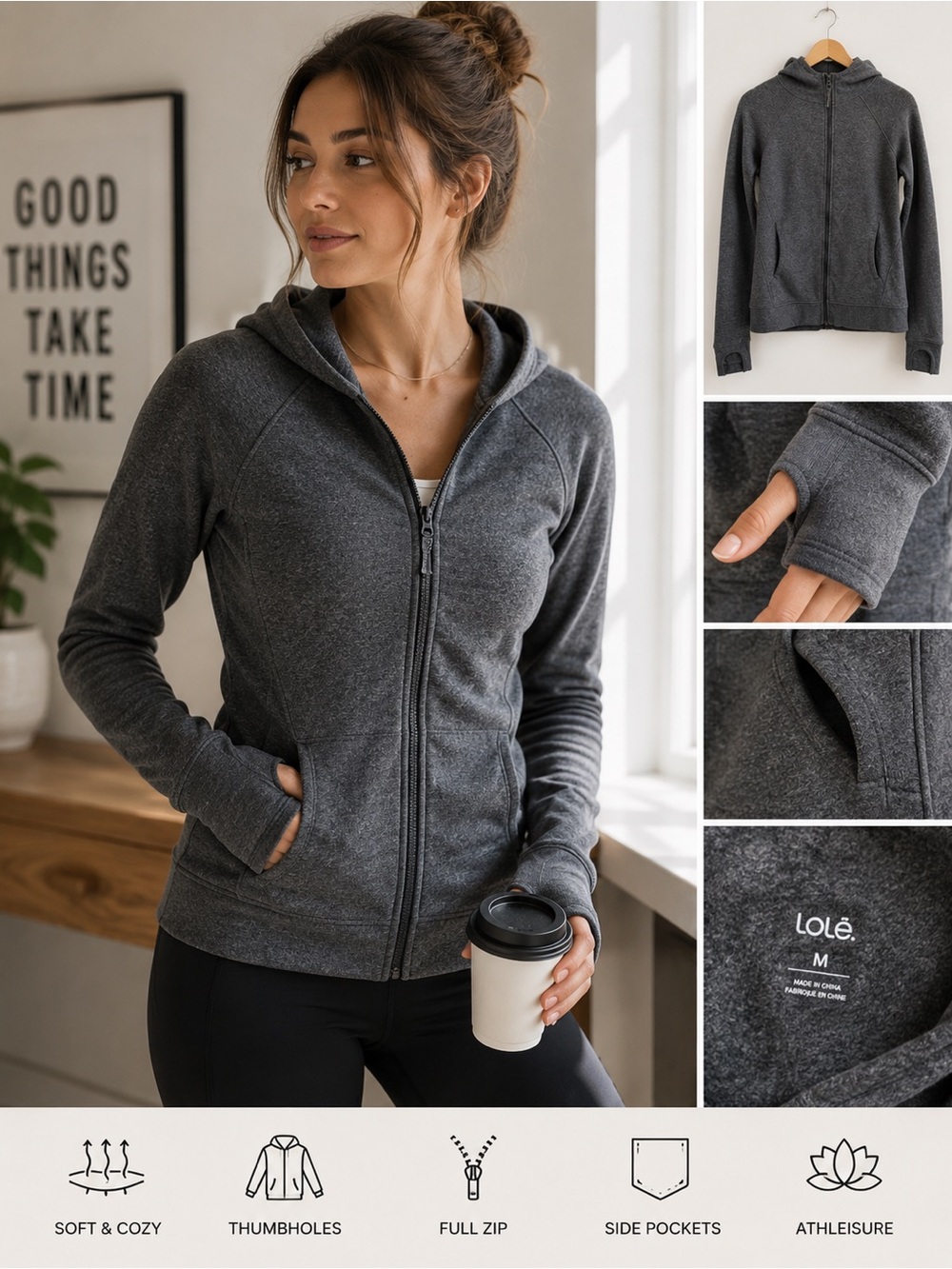 Lole Charcoal Full Zip Hoodie Jacket Thumbhole Athleisure Sweater